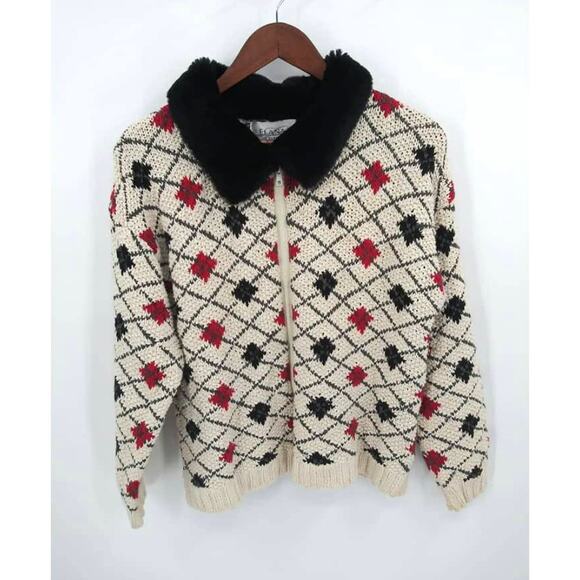 Elana Carello Cream Diamond Print Zip Front Faux Fur Collar Grandma Cardigan Med - Picture 9 of 9
